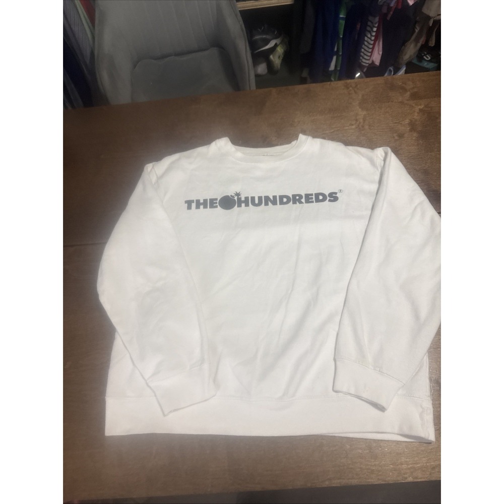 The Hundreds Sweatshirt Mens L White Crewneck Fleece Bomb Logo Graphic Pullover